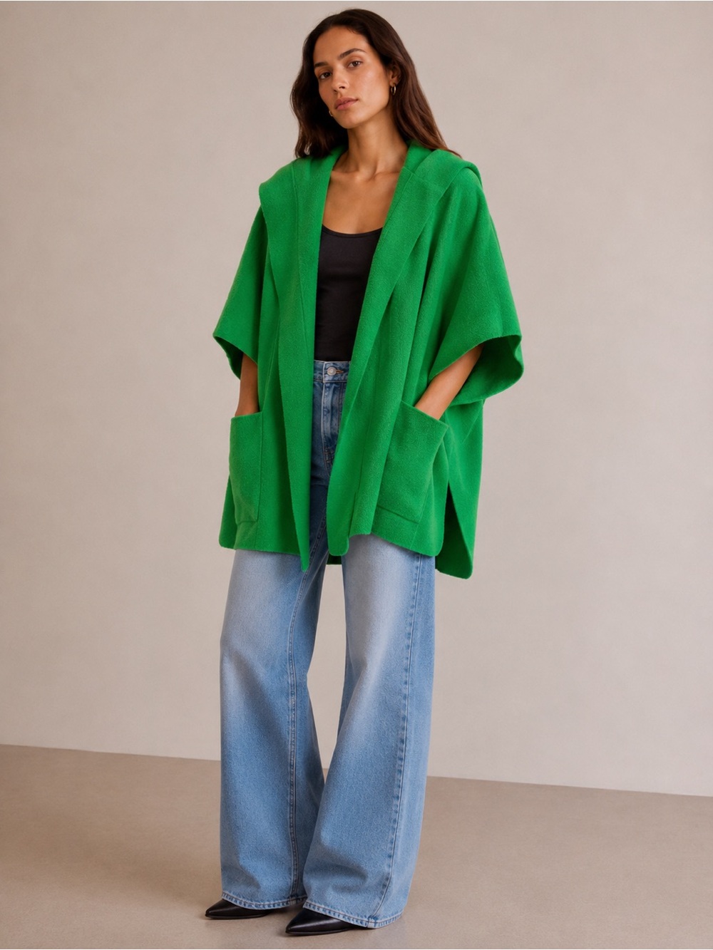 Free People Bright Green Knit Hooded Poncho Oversized w/Pockets One Size